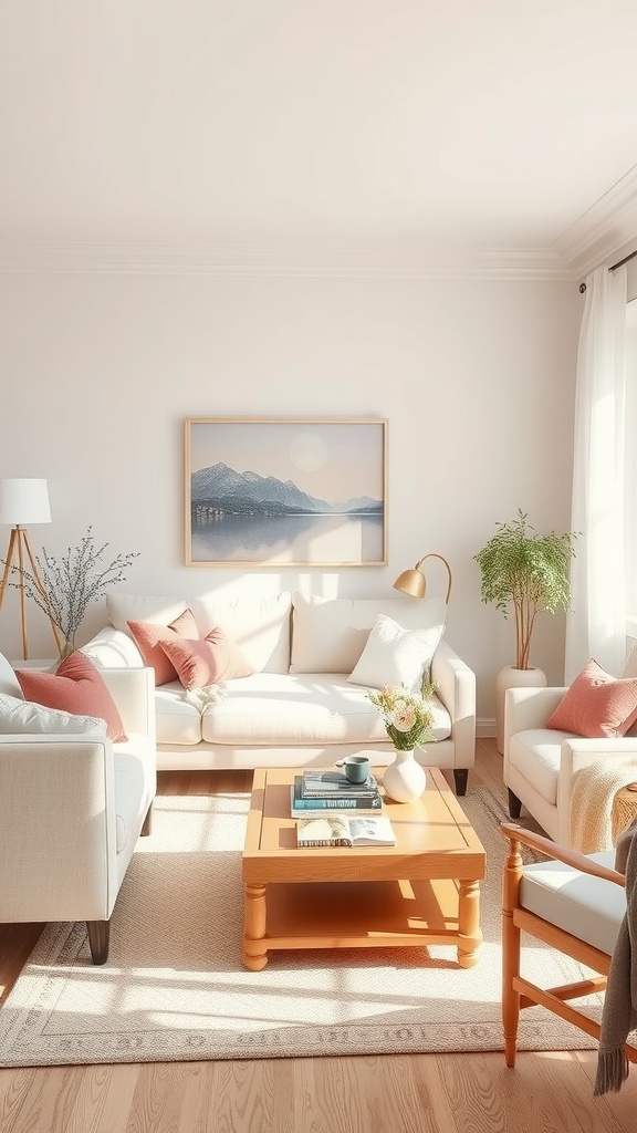 A bright and cozy living room with light-colored furniture and spring decor.