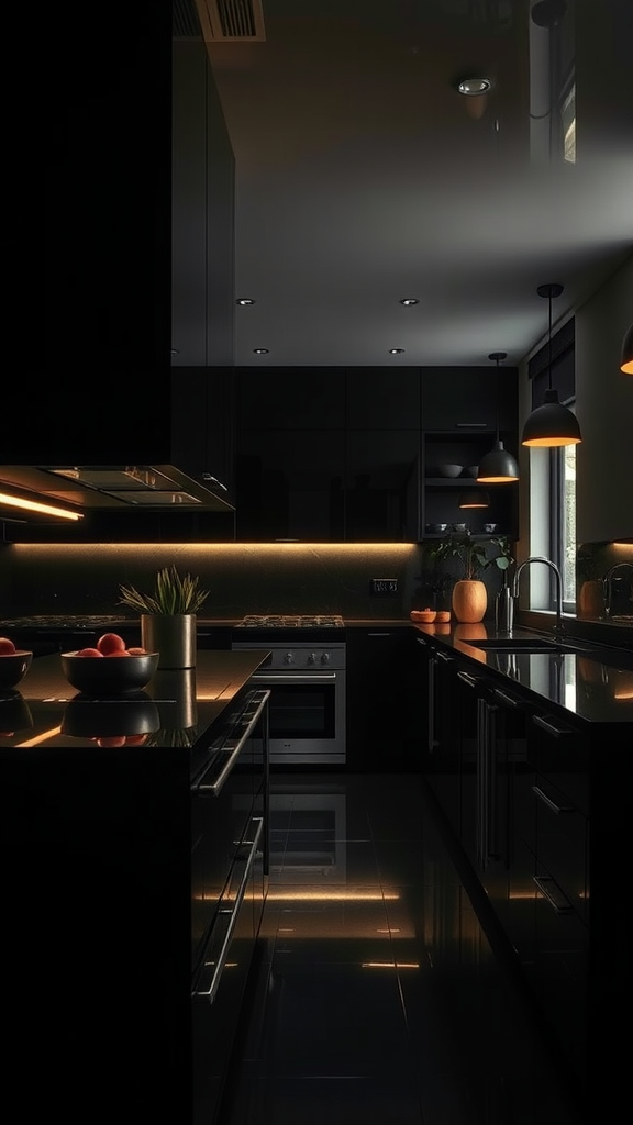 Dark kitchen with mirrors enhancing the space