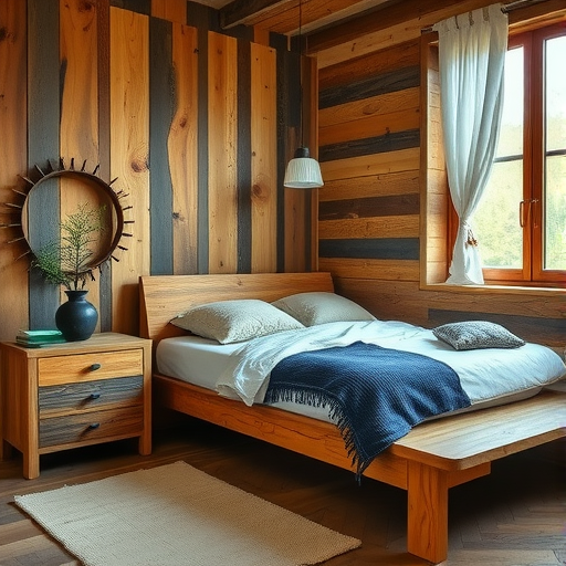 A cozy bedroom featuring reclaimed wood walls and furniture, creating a warm, natural atmosphere.