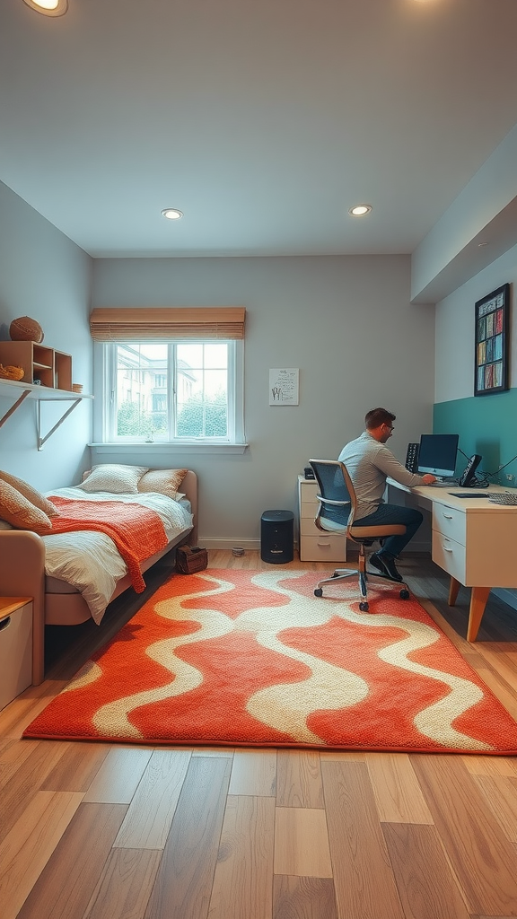 A stylish dorm room with a large orange and cream rug, a bed, and a desk area.