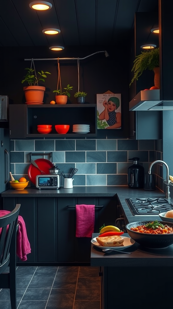 A stylish dark kitchen featuring colorful accents like red bowls and bright dish towels.