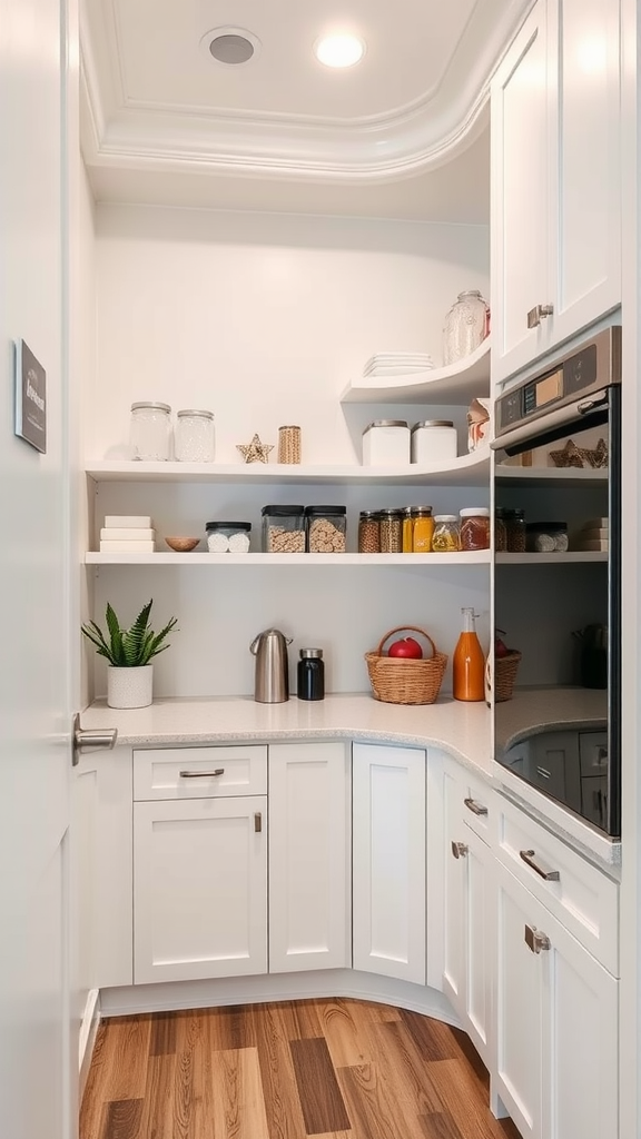 A cozy corner kitchen pantry with white cabinetry and organized shelves.