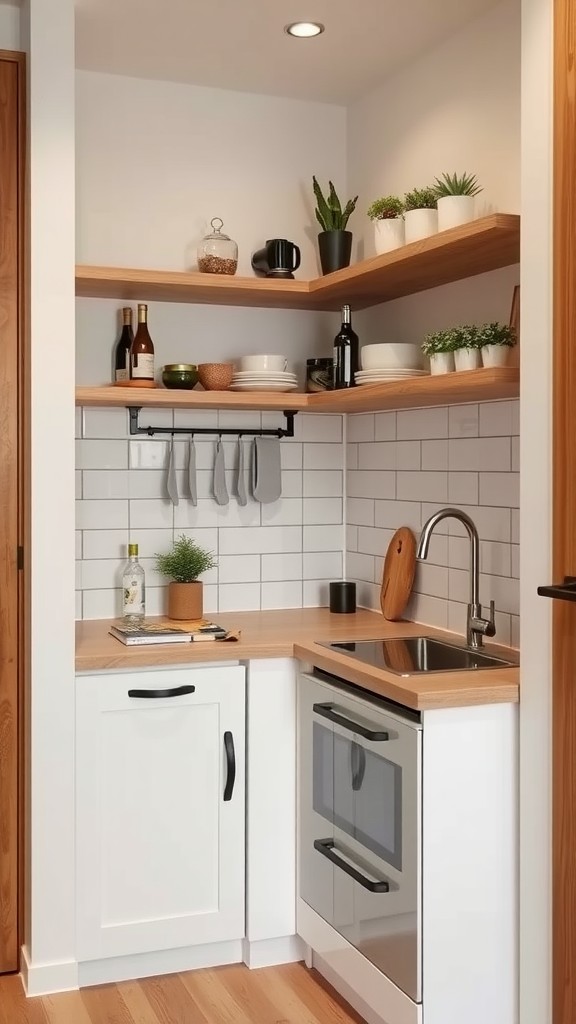 A modern kitchen corner with wooden shelves, plants, and kitchenware.