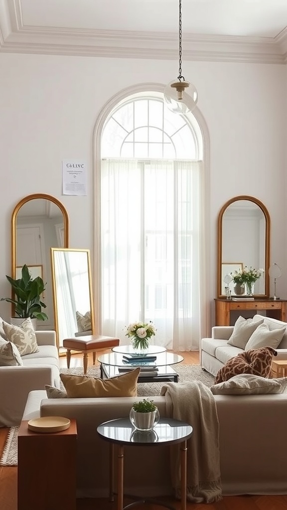 A bright and airy living room featuring large mirrors that reflect light.