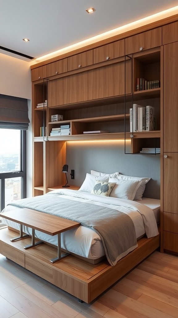 A stylish bedroom featuring a bed with a built-in shelf and a foldable table.