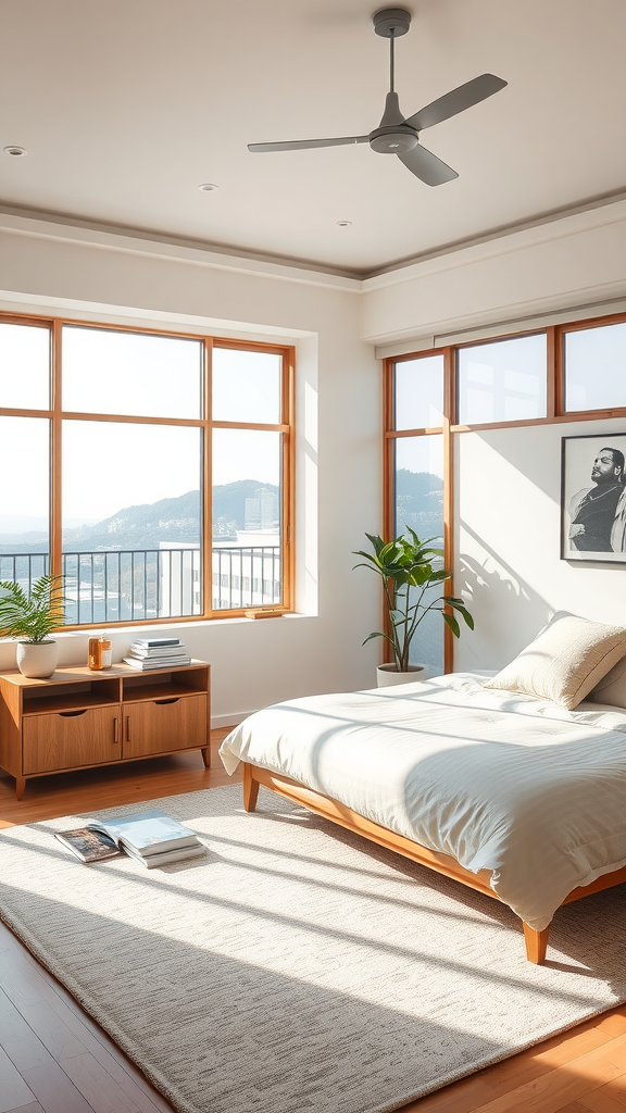 A bright bedroom with large windows allowing natural light, featuring a wooden bed and furniture.