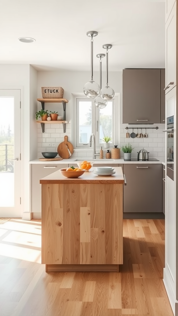 A narrow kitchen featuring a wooden island with a bowl of oranges, modern shelving, and bright decor.