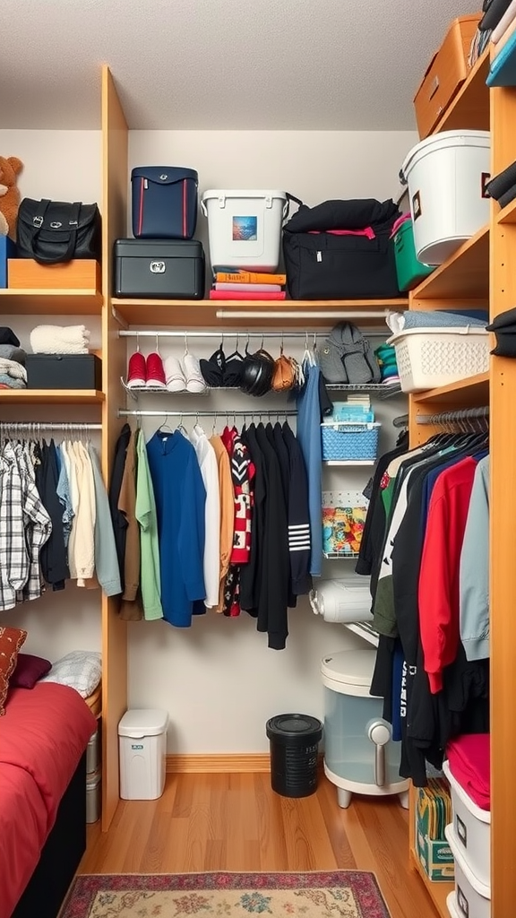 A well-organized dorm room closet with various storage solutions including shelves, bins, and hanging clothing.