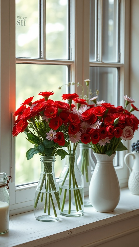 Vibrant red flowers in glass vases on a windowsill, perfect for vintage farmhouse Valentine's decor.