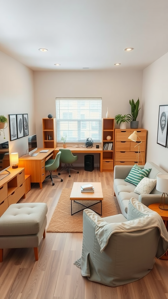 A cozy luxurious dorm room featuring versatile furniture arrangements.