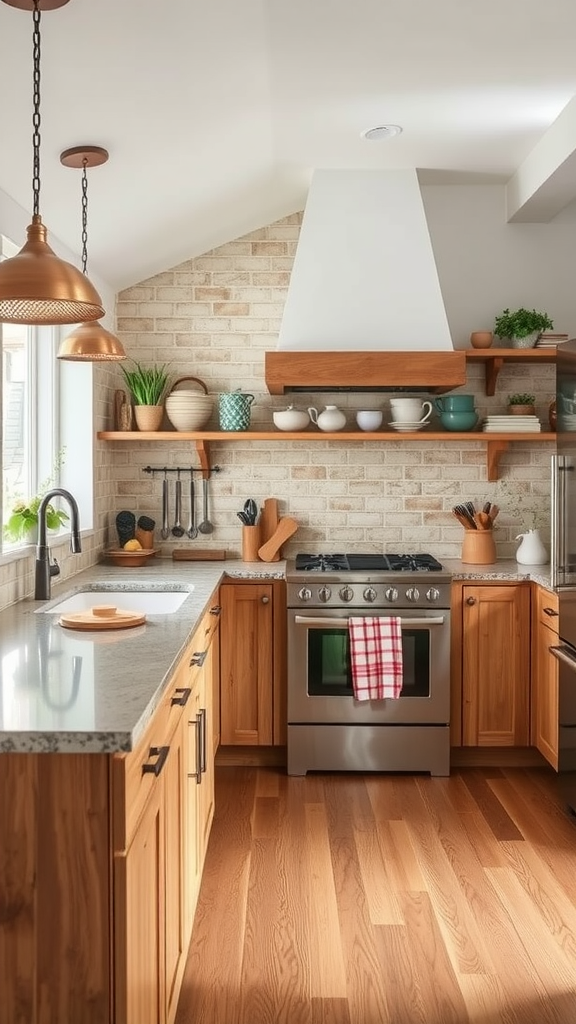 A kitchen featuring lightwood cabinets with modern appliances and a bright, open layout.