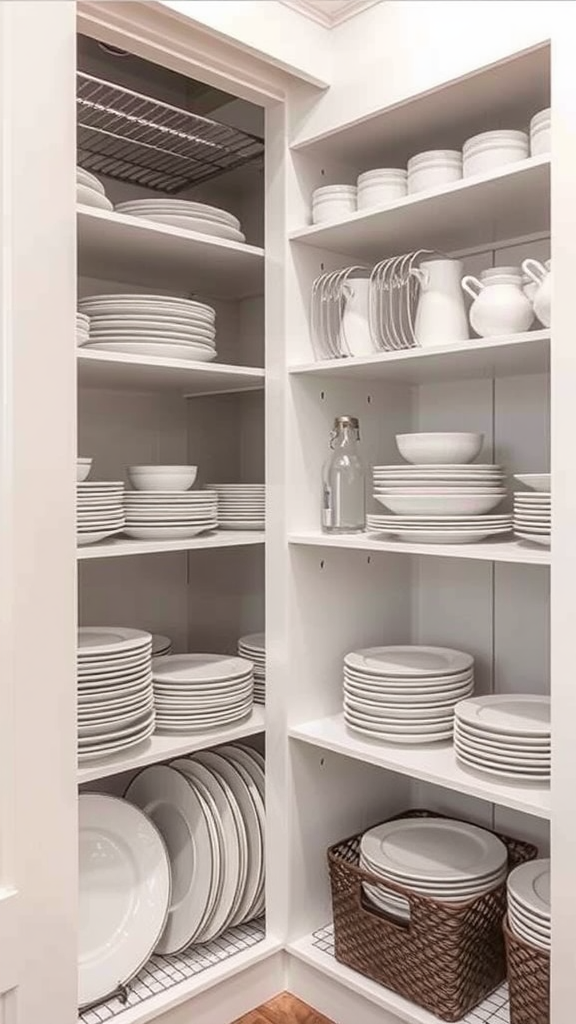 Corner kitchen pantry with organized plates and vertical dividers