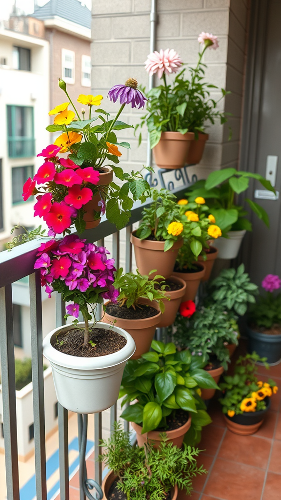 Colorful vertical garden displayed on a balcony with various plants in pots.