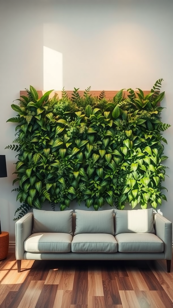 A vertical plant wall made of various green plants behind a light-colored couch.