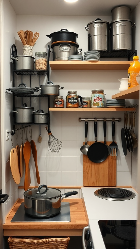 A compact kitchen with vertical storage, showcasing pots, pans, and utensils neatly arranged.