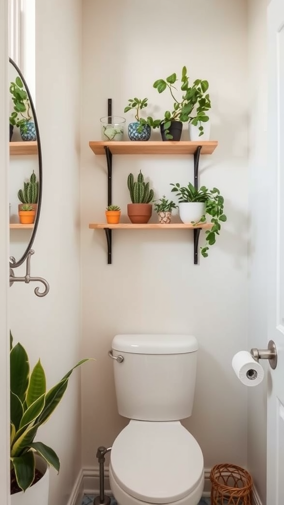 A bathroom with vertical shelves holding various plants above a toilet.