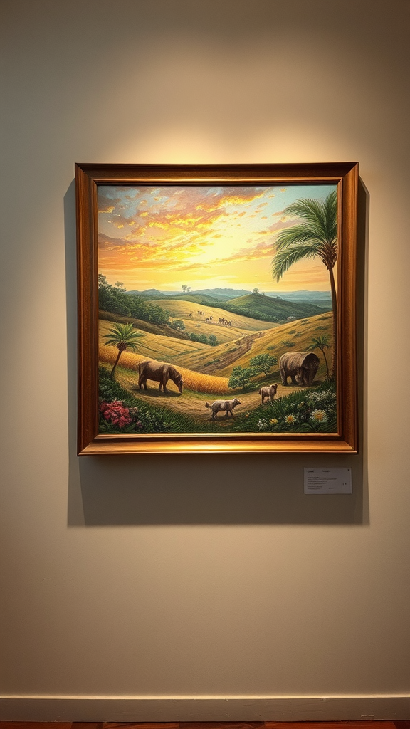 A vibrant painting depicting elephants in a lush landscape with rolling hills and a colorful sunset.