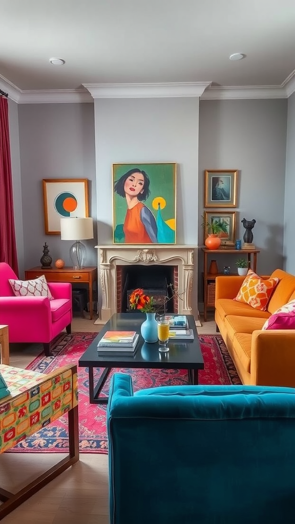 A cozy living room featuring vibrant furniture in pink, teal, and orange, with colorful art on the walls.