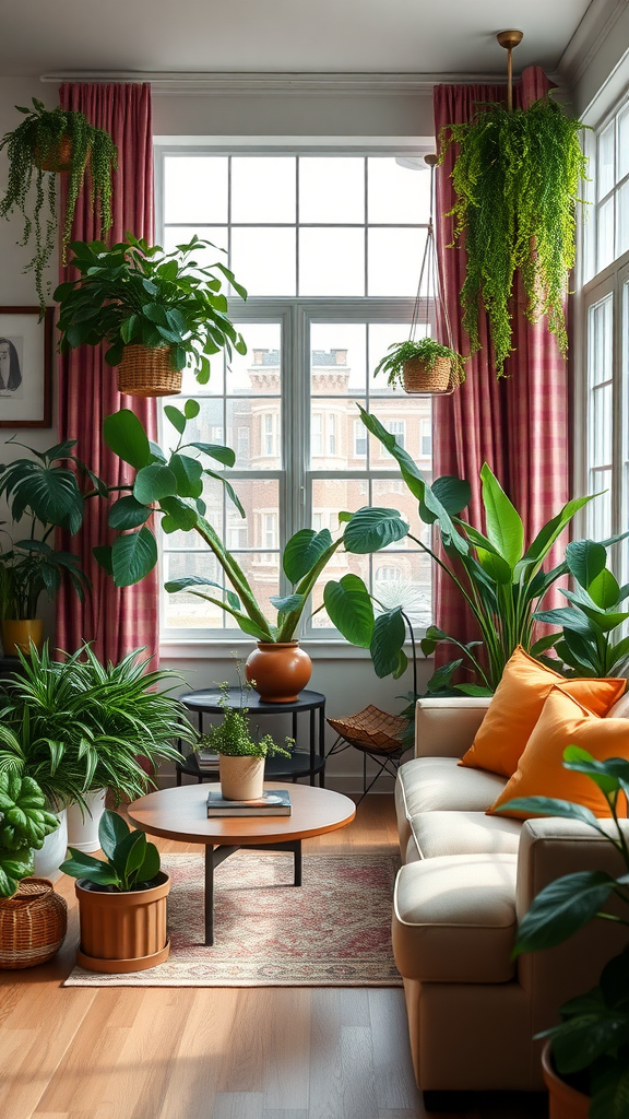 Bright and vibrant living room filled with various indoor plants.