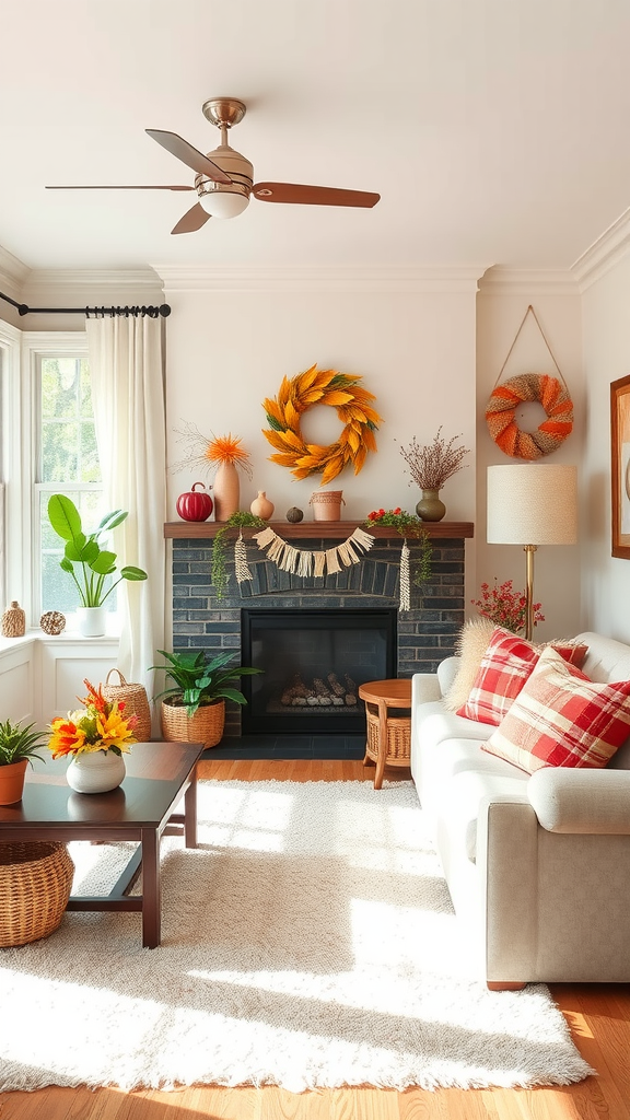 A bright and cozy living room with seasonal decor featuring colorful wreaths, pillows, and plants.