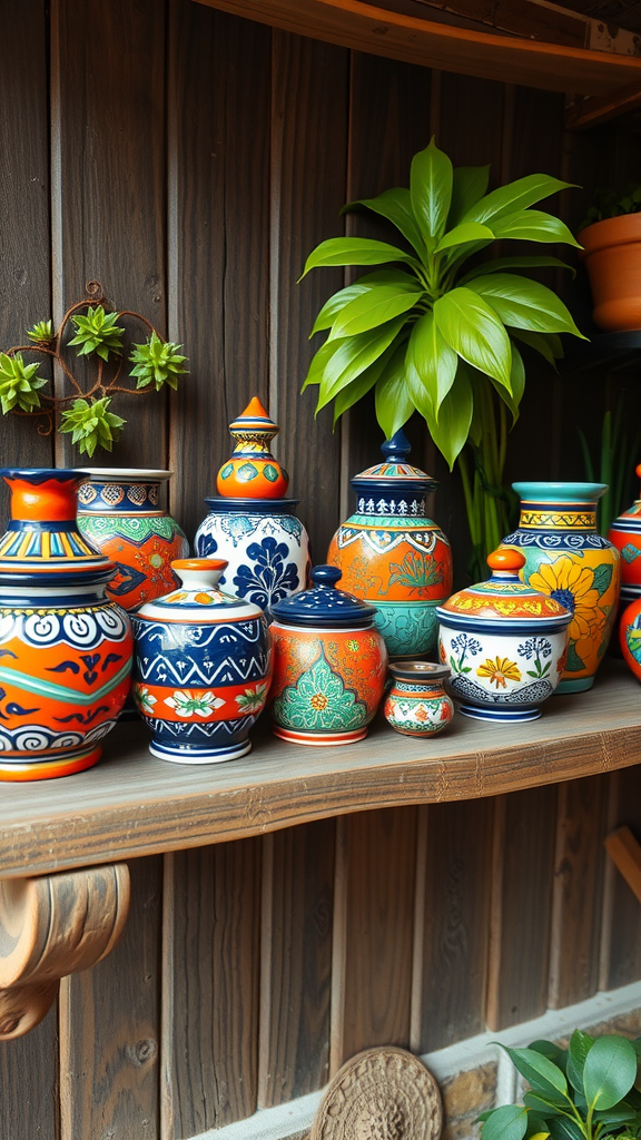 A colorful collection of Talavera pottery displayed on a wooden shelf with green plants in the background.