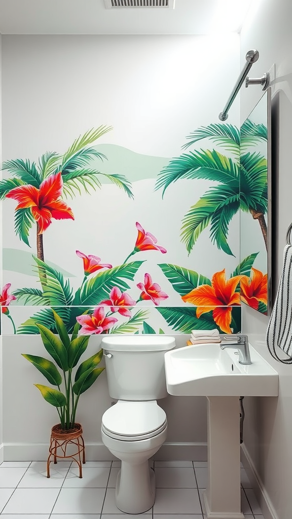 A bathroom featuring vibrant tropical wall art with palm trees and colorful flowers.