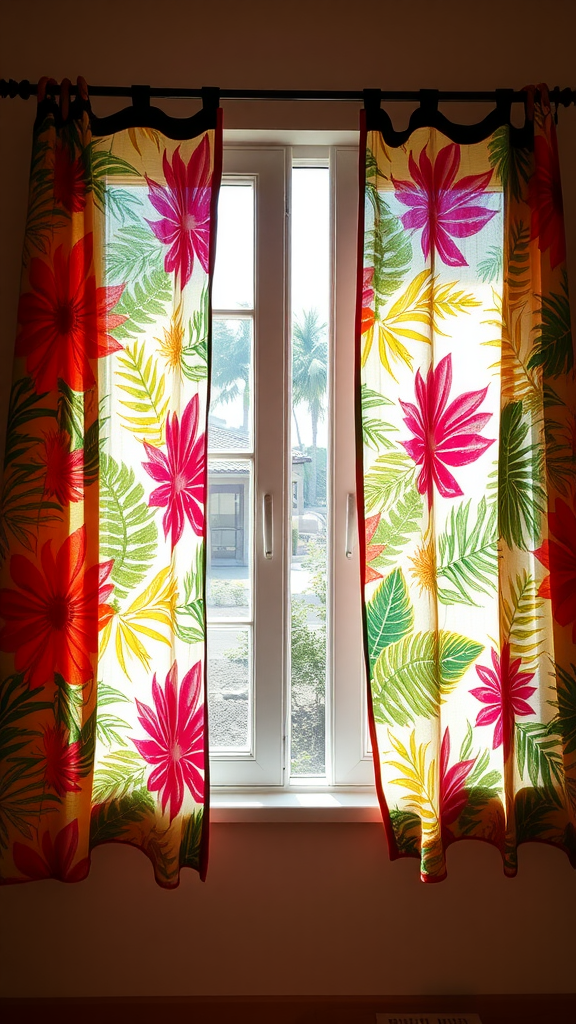 Colorful tropical-themed curtains with bright flowers and leaves hanging in front of a window