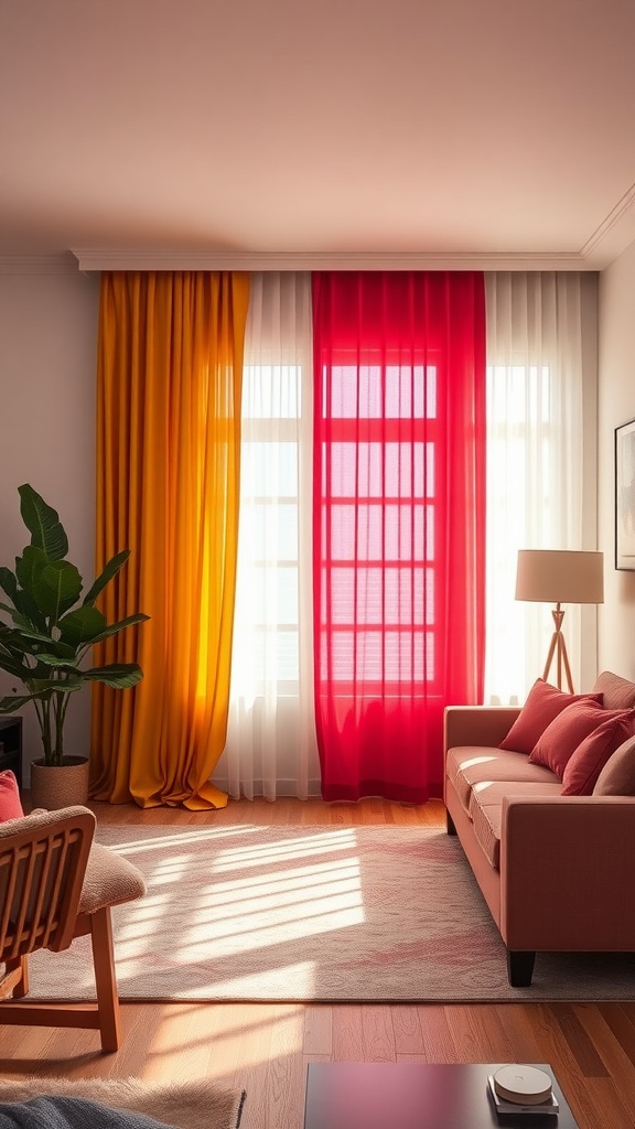 A modern living room featuring colorful window treatments in red and yellow, with a cozy sofa and plants.