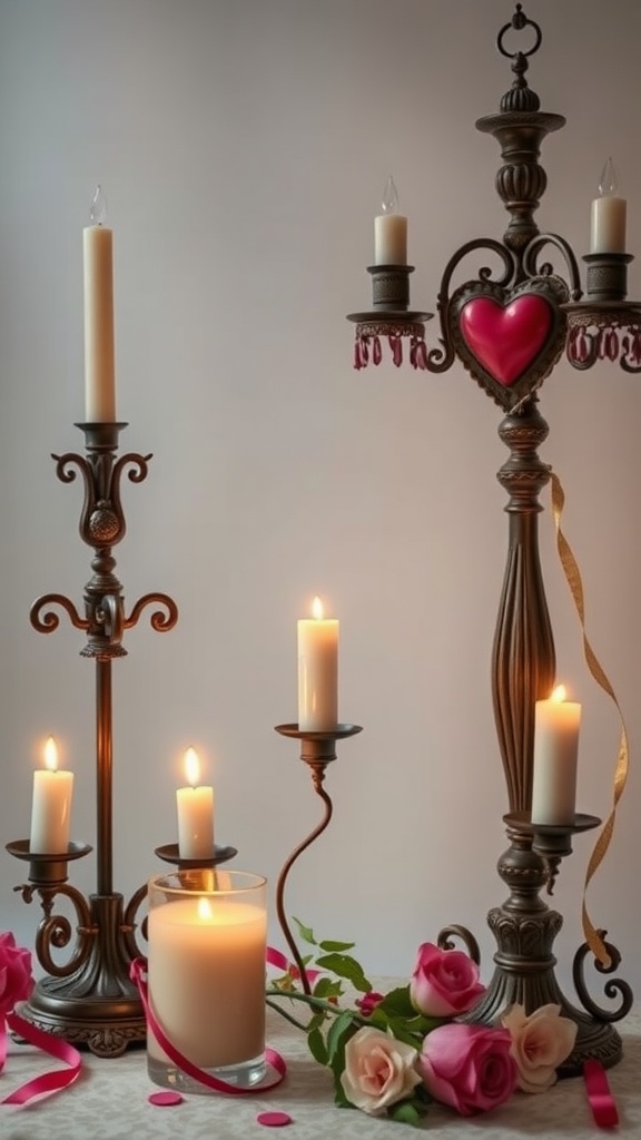 Victorian-style candle holders with candles and roses for Valentine's Day decoration