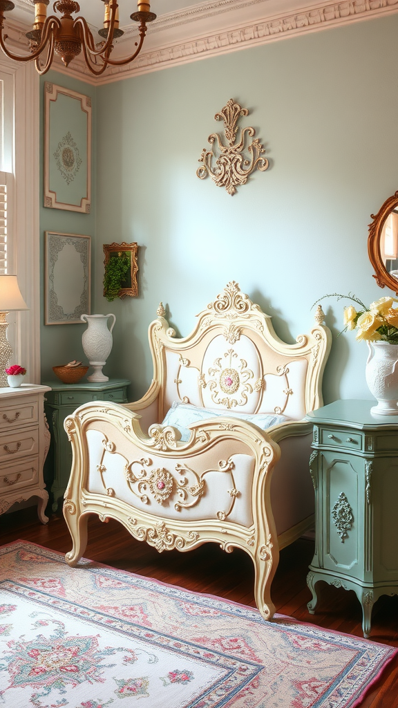 A vintage-inspired bedroom featuring an ornate bed, soft-colored walls, and classic decor.