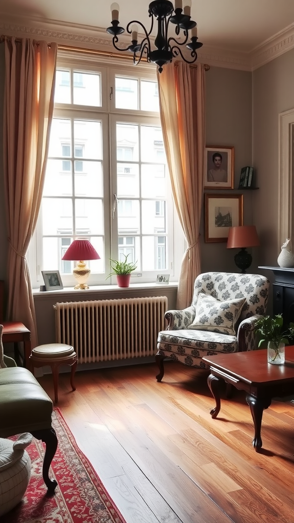 Cozy Parisian living room featuring vintage-style furniture, including a floral armchair and wooden coffee table.