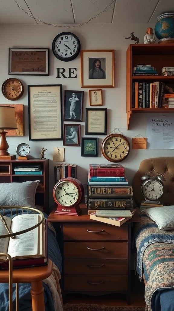 Aesthetic dorm room featuring vintage clocks, framed art, and books.