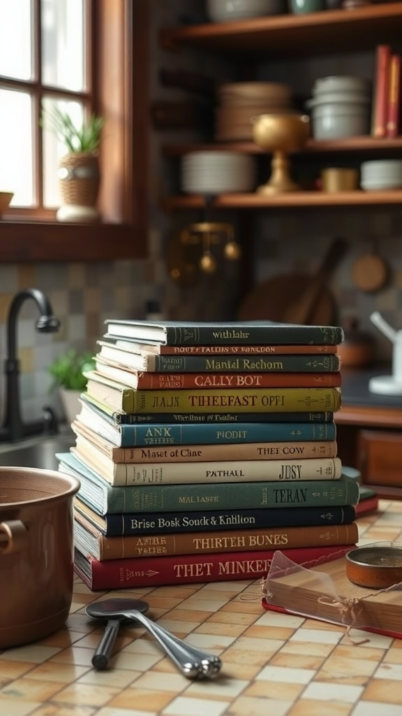 A stack of vintage cookbooks on a kitchen counter with a pot and utensils.