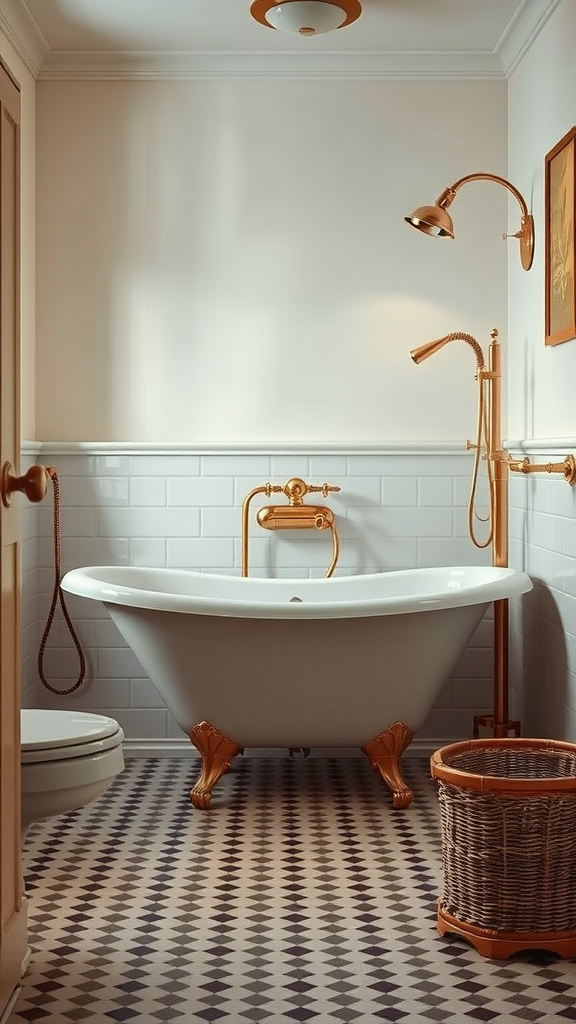 A warm-toned vintage bathroom with a clawfoot tub and brass fixtures.