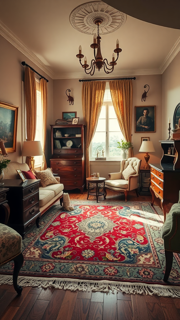 Aesthetic men's bedroom featuring vintage furniture, warm colors, and a vibrant rug.