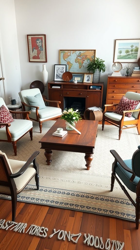 A cozy rustic boho living room with vintage furniture, featuring a wooden coffee table, cheerful chairs, and decorative elements.