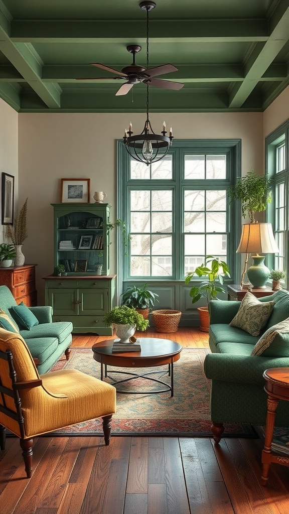 A cozy vintage-inspired living room featuring green furniture and accents.