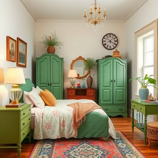 A cozy bedroom featuring vintage green furniture, including cabinets, nightstands, and a bed, complemented by decorative elements.