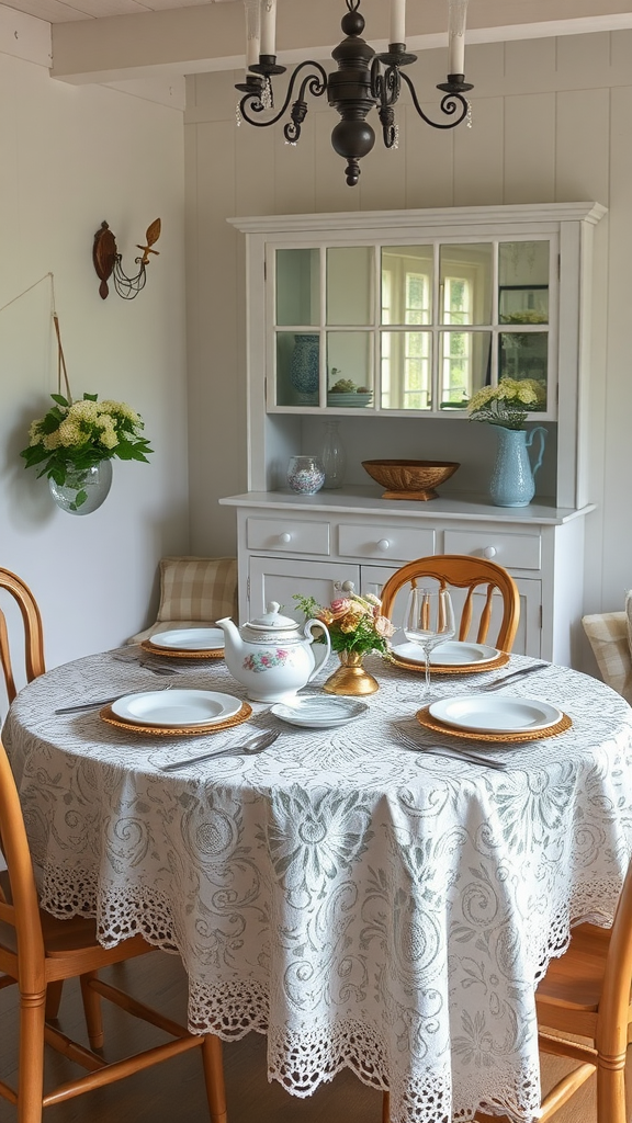 A round table set with a vintage lace tablecloth, plates, and a teapot in a cozy cottage setting.