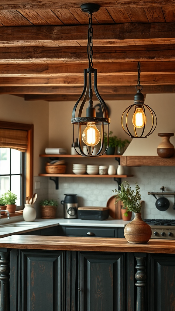 Rustic farmhouse kitchen featuring vintage lighting fixtures with a warm glow