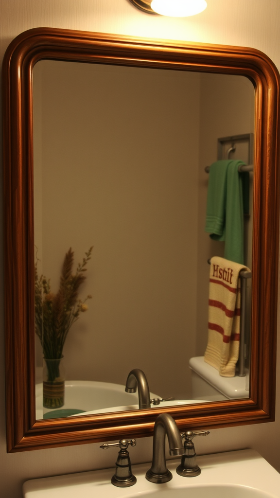 A vintage mirror with a warm wooden frame reflecting a cozy bathroom setting.