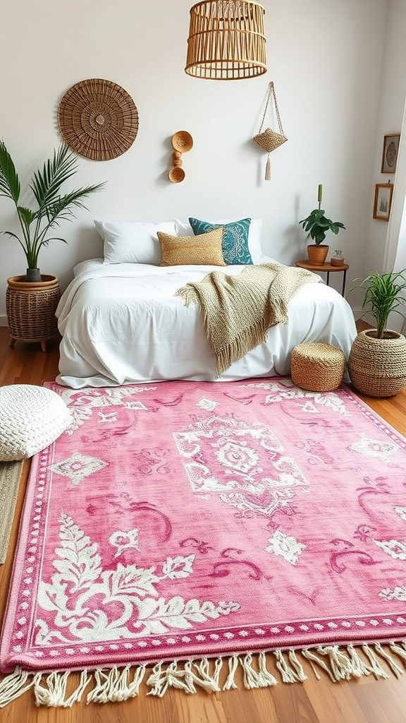 Cozy bedroom with vintage pink rug on wooden floor, showcasing plants and decorative elements.