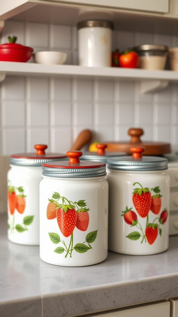 Three vintage canisters with strawberry designs on a kitchen counter