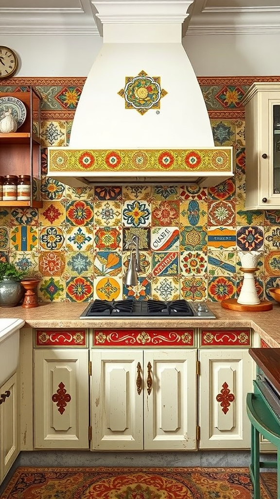 A colorful vintage tile backsplash in a cozy kitchen setting.