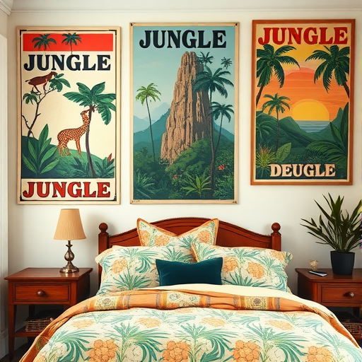 Vintage travel posters featuring jungle scenes hung on a wall above a cozy bed with tropical-themed bedding.