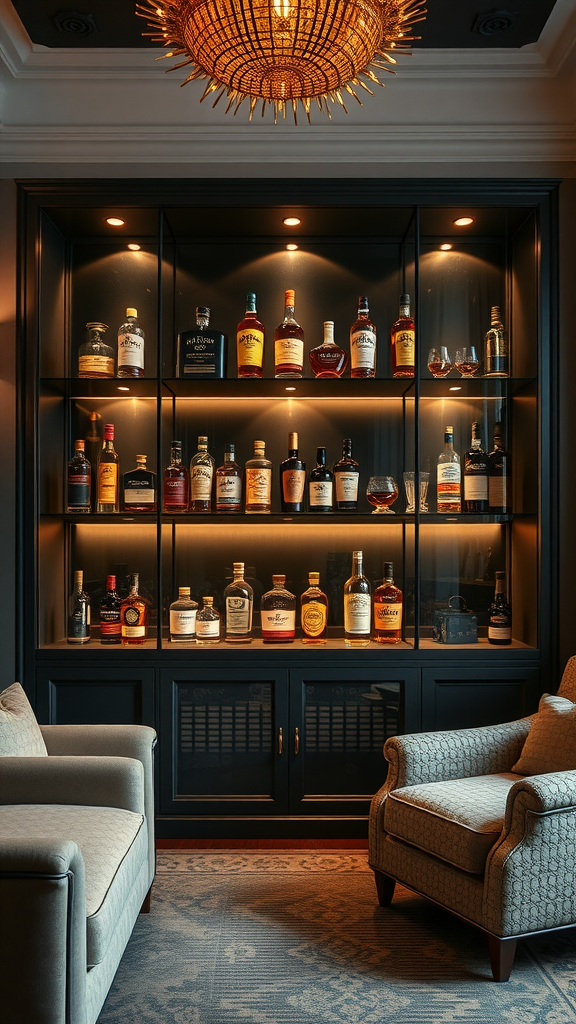 A vintage whisky display with various bottles illuminated on shelves, accompanied by comfortable seating.