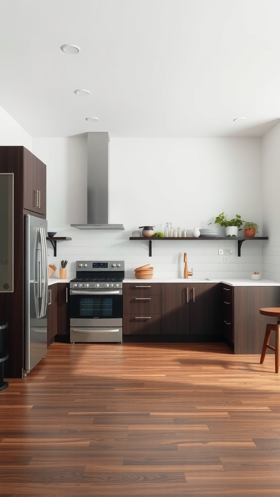 A modern kitchen featuring espresso cabinets and wooden flooring.