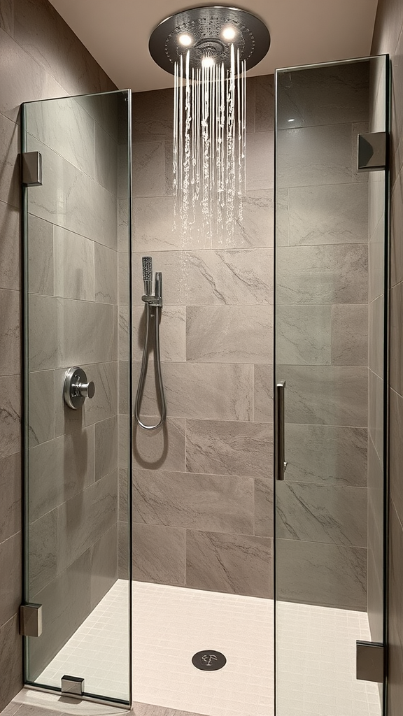 A modern walk-in shower featuring a rainfall showerhead and sleek glass doors.