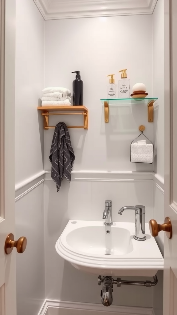 A small bathroom area featuring wall-mounted shelves with towels and toiletries.