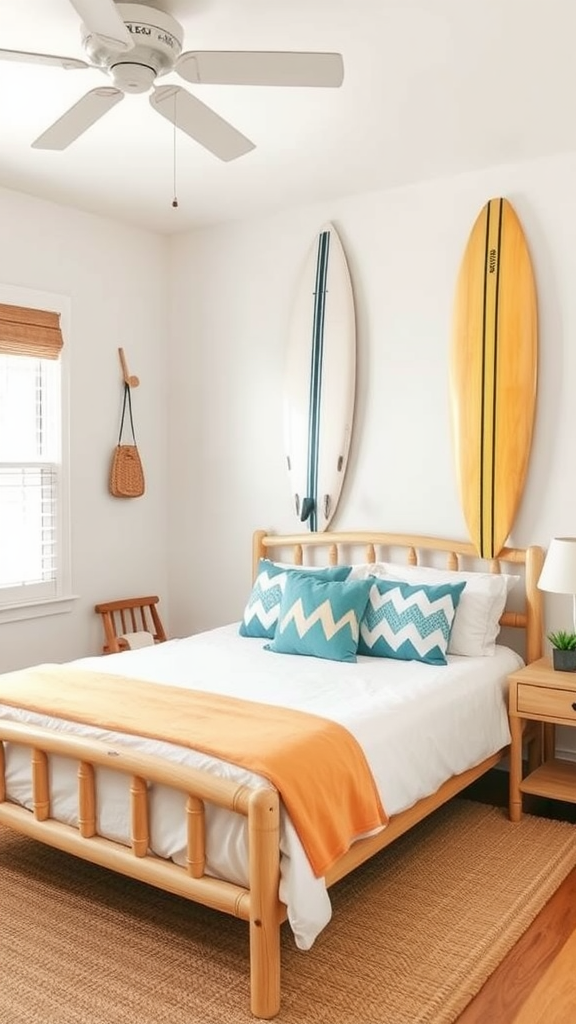 A cozy bedroom with a bed, pillows, and wall-mounted surfboards.